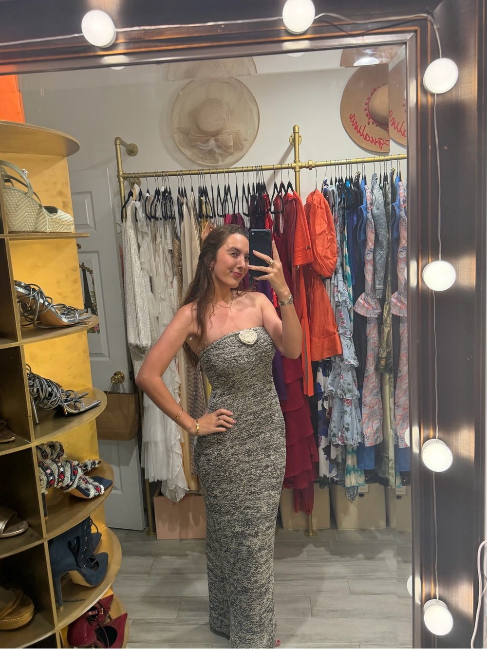 Strapless Gray Knit Maxi Dress with Decorative Brooch